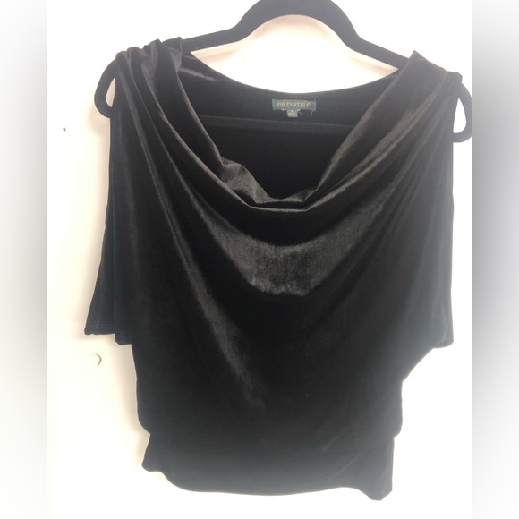 FOR CYNTHIA COLD SHOULDER ELBOW SLEEVES TIGHT WAIST FALLING NECK LINE VELVET TOP - Picture 2 of 9